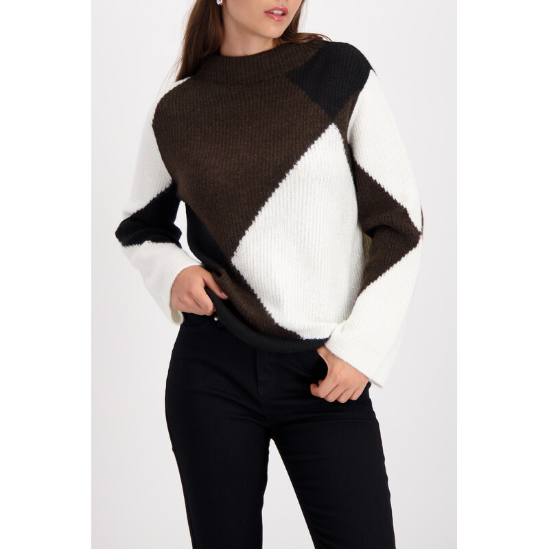 MONARI FASHION CONTRASTS dámský svetr černohnědobílý s kamínky