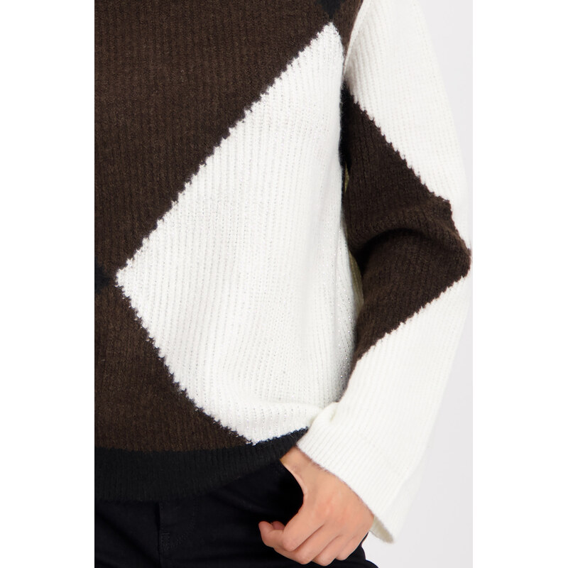 MONARI FASHION CONTRASTS dámský svetr černohnědobílý s kamínky