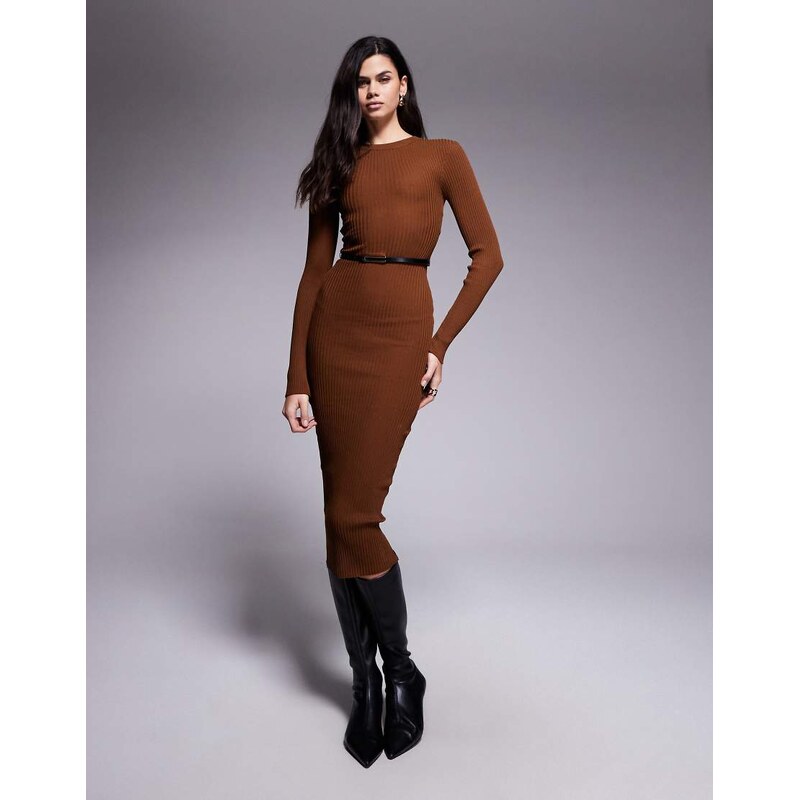 River Island crew neck knitted midi dress in light brown