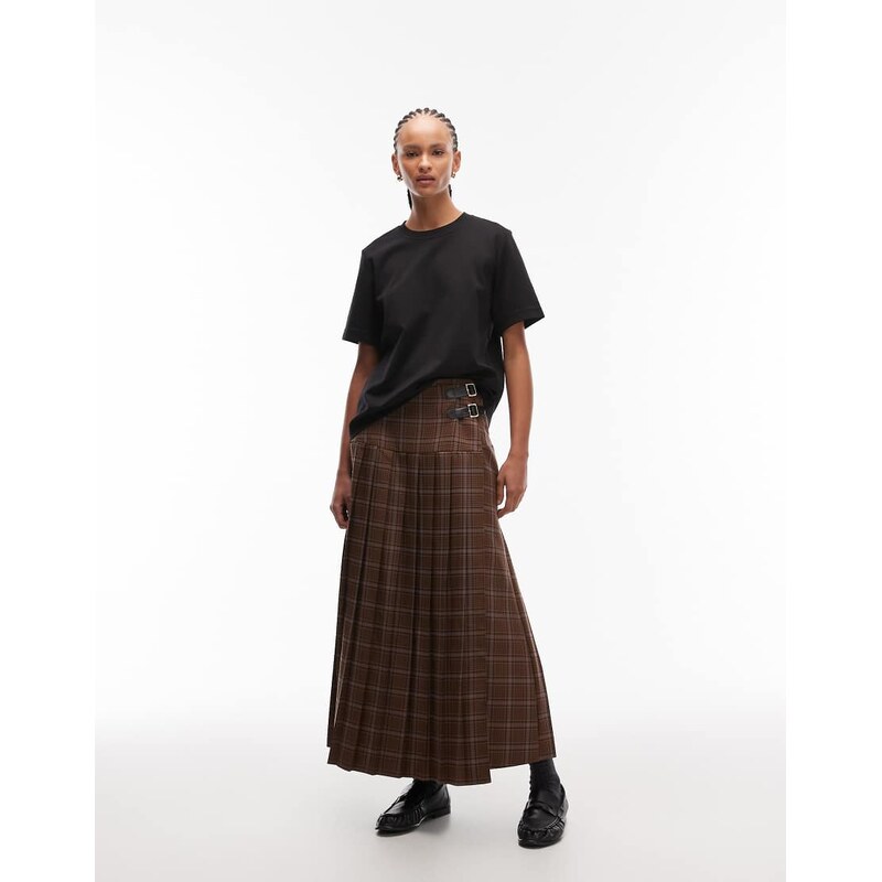 ASOS DESIGN buckle detail pleated kilt midi skirt in blue check