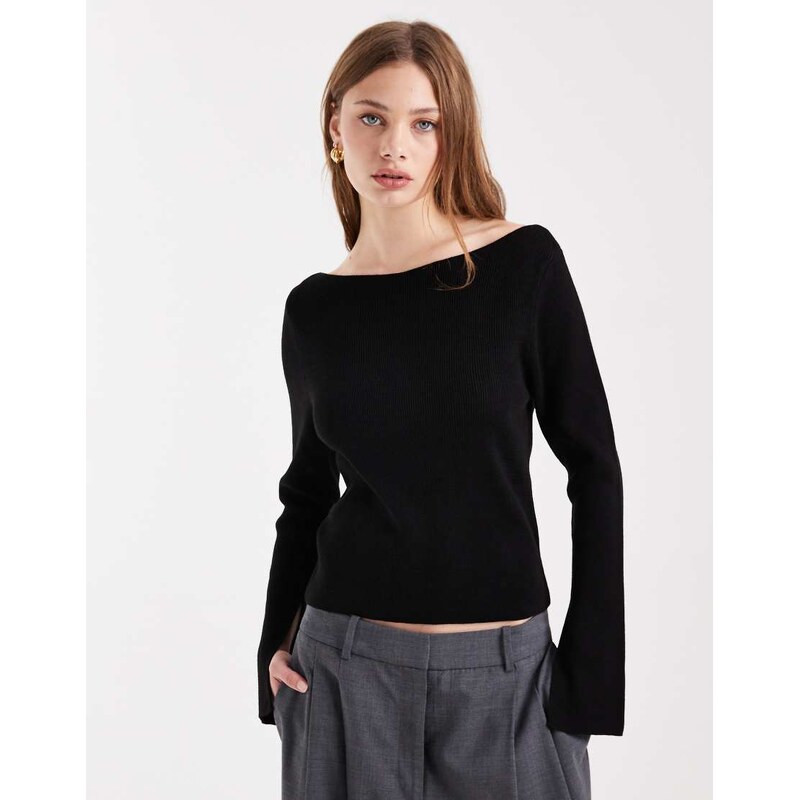 COLLUSION knitted slash neck long sleeve top in black
