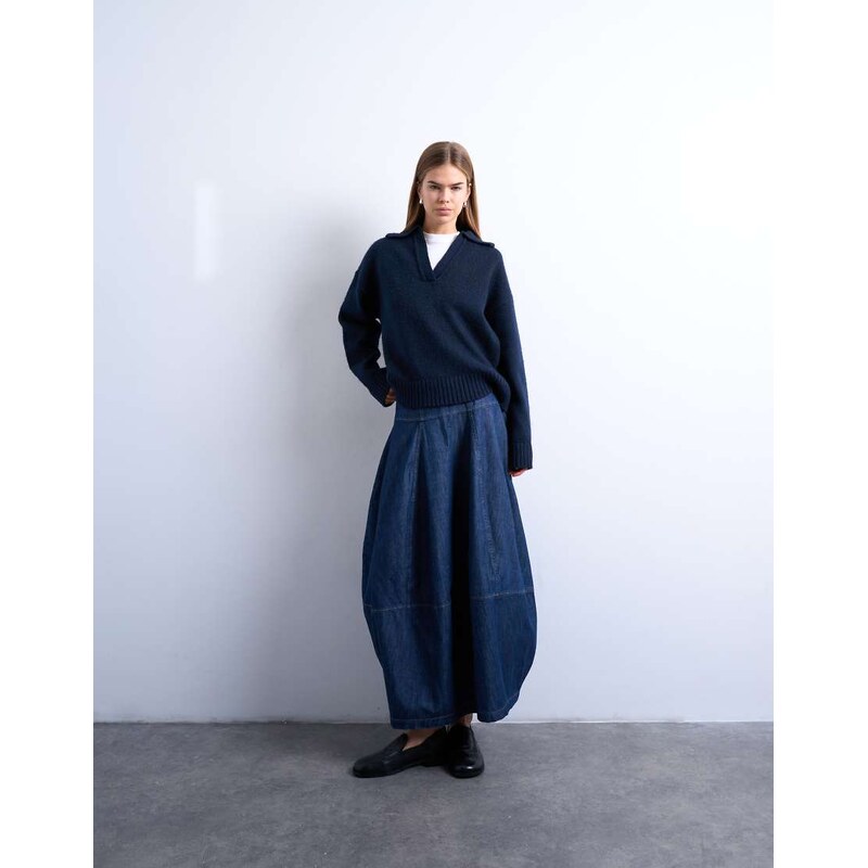 Topshop denim seamed barrel maxi skirt in rich blue