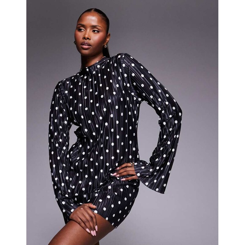 ASOS DESIGN plisse long sleeve mini dress in mono polka dot
