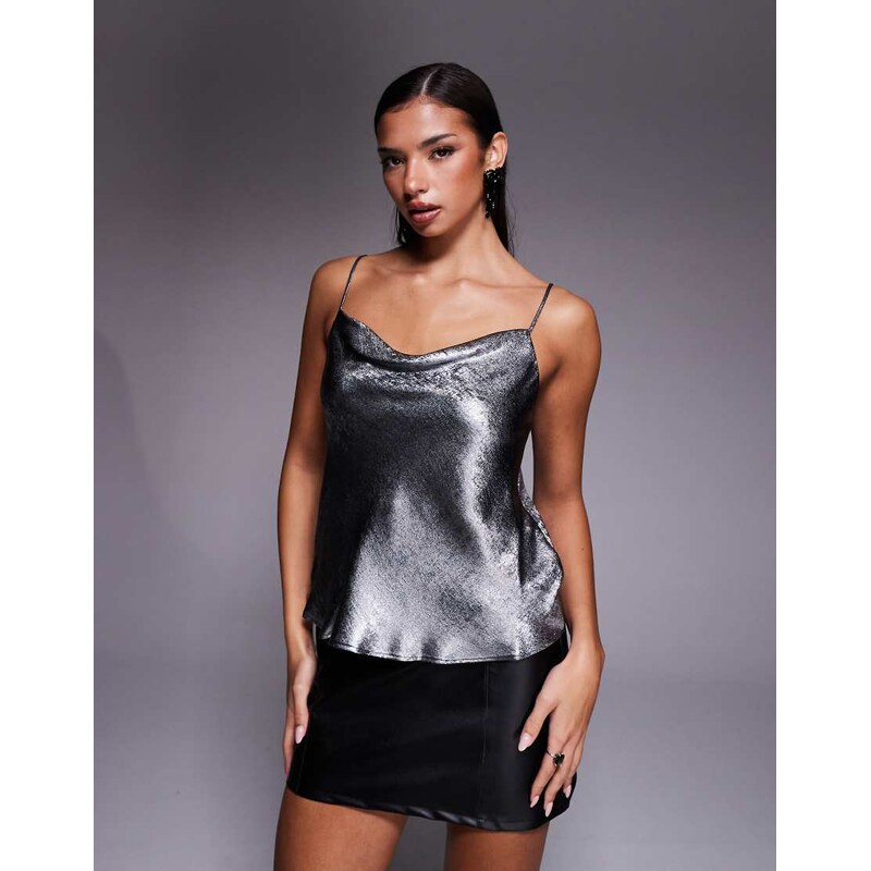 River Island metallic cowl neck cami top in silver