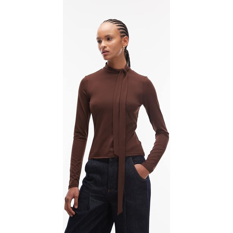 ASOS DESIGN soft scarf neck long sleeve top in brown 109635673