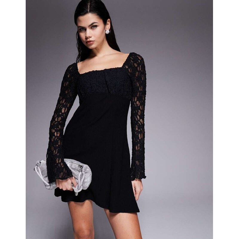 ASOS DESIGN square neck lace sleeve mini dress in black
