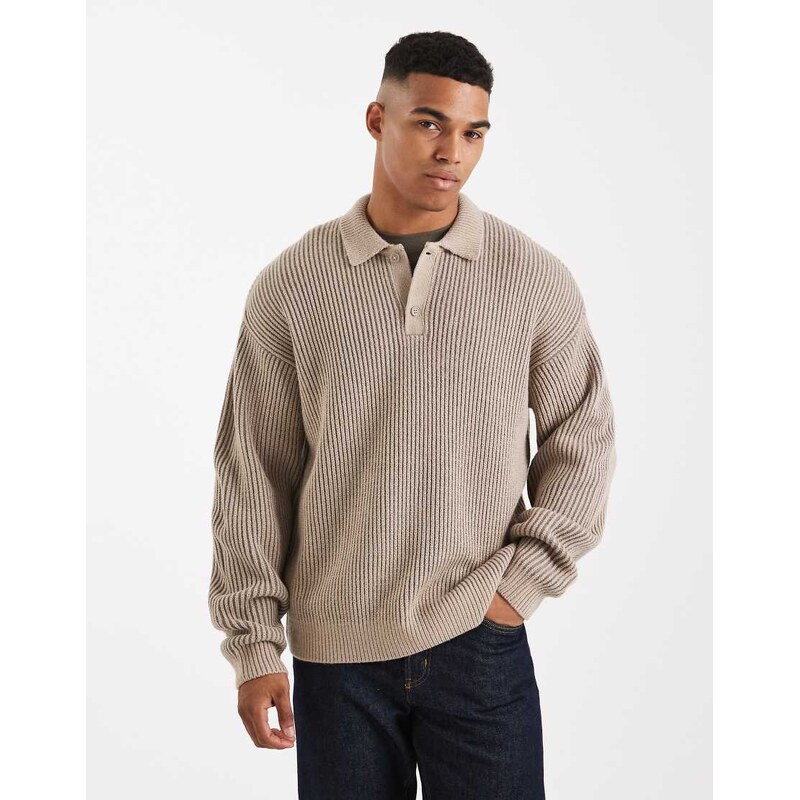 New Look fisherman knit polo in two tone mink-Brown