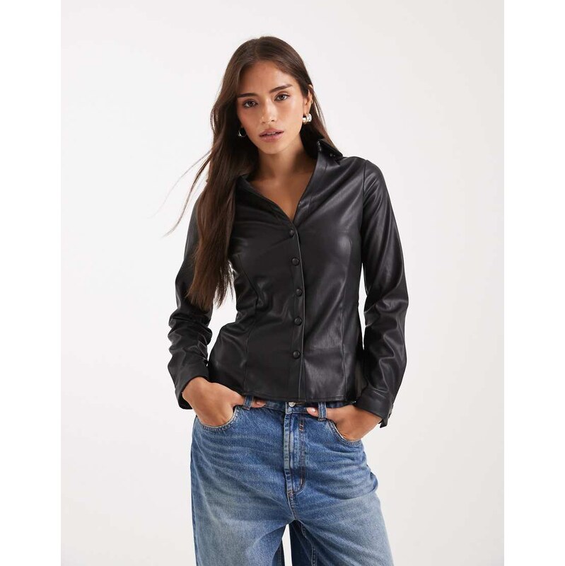 Miss Selfridge faux leather fitted shirt in black
