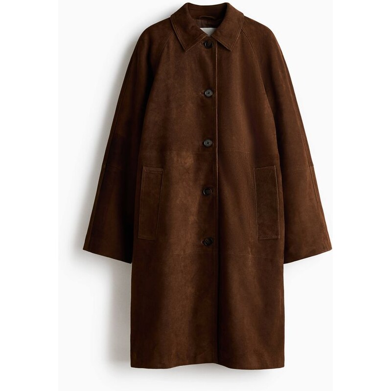 H&M - Semišový kabát car coat - Tmavě Hnědá