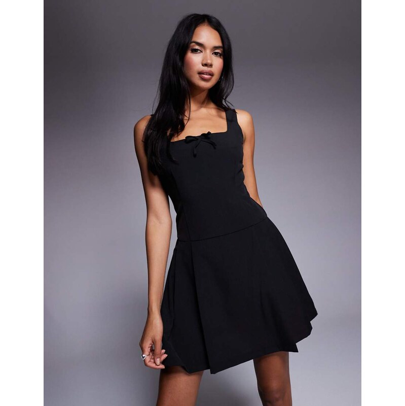 Brave Soul square neck pleated mini dress with bow detail in black 113415476