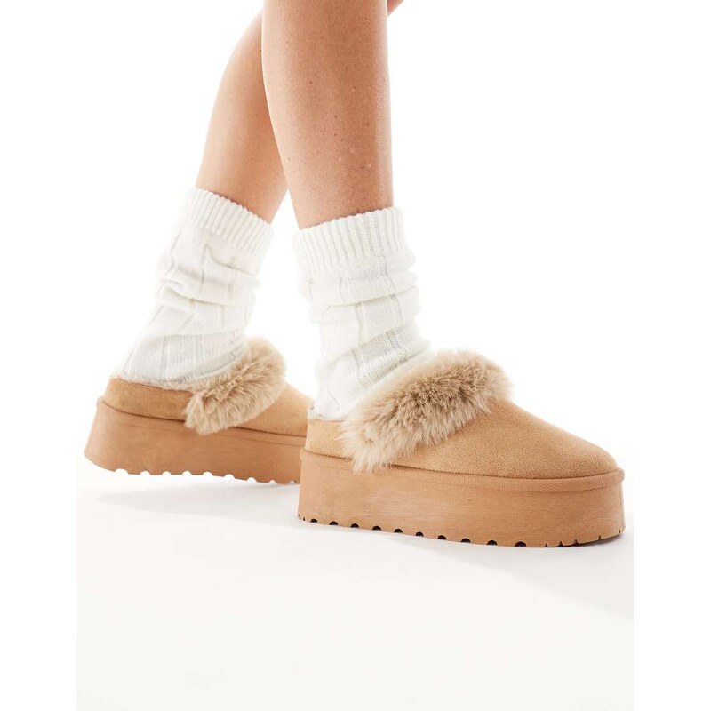SEQWL faux fur flatform mules in sand-Brown 113306132