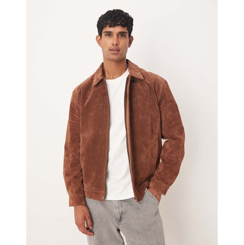 ASOS DESIGN real suede harrington jacket in brown-Neutral