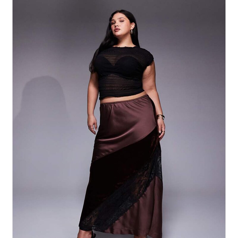 ASOS Curve ASOS DESIGN Curve velvet and lace mix satin maxi skirt in 115513987