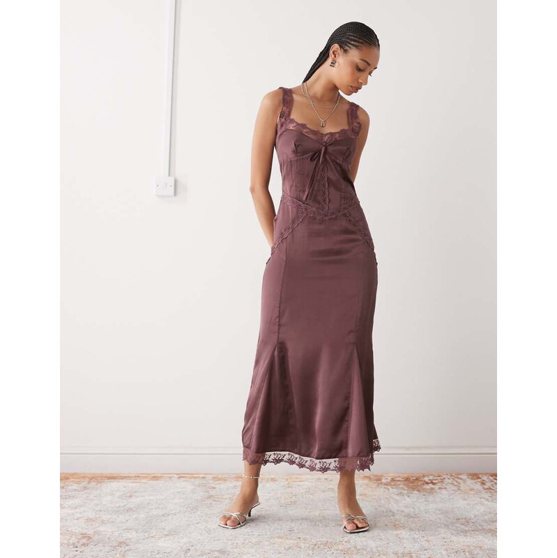 Reclaimed Vintage midi dress with lace cutouts in plum-Brown 109645915