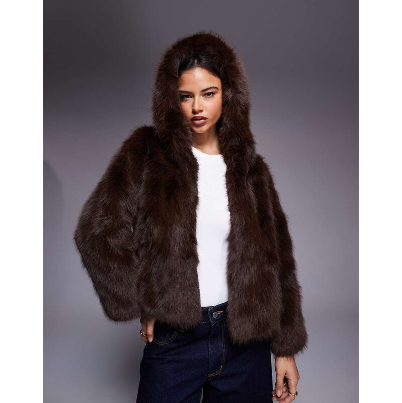 Kiwi & Co Faye faux fur hooded cropped jacket in chocolate-Brown 115514526