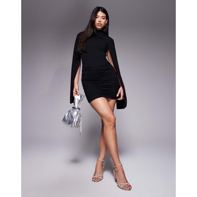 Ruched & Ready crossover high neck open cape sleeve mini dress in 115577358