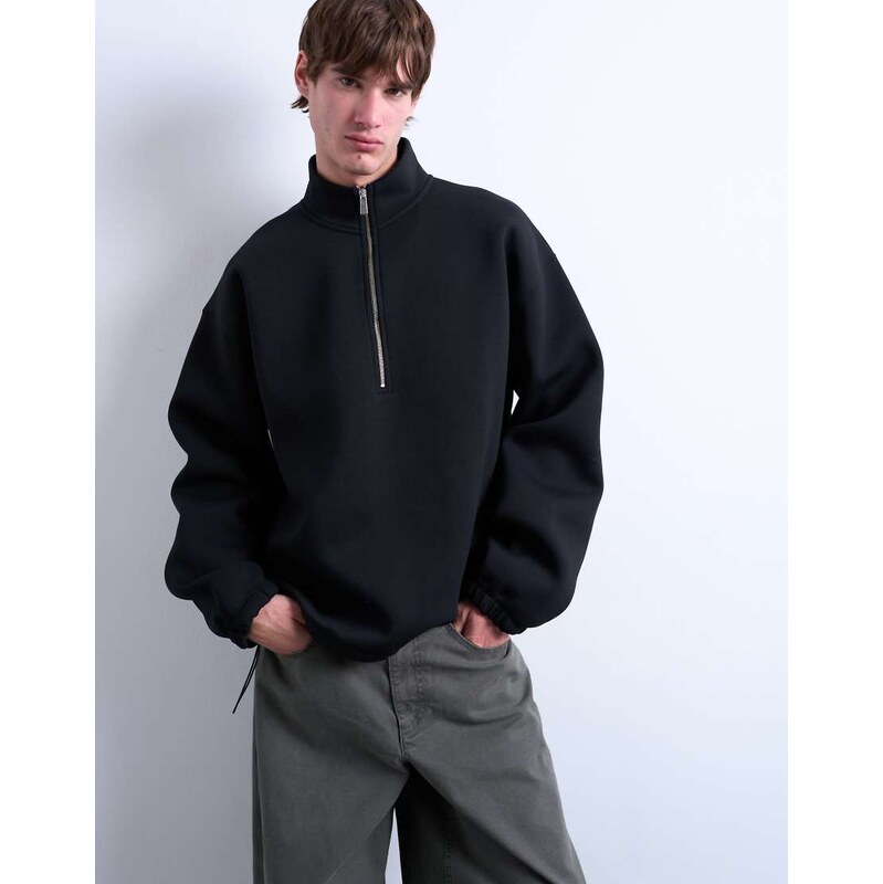 Topman half zip funnel scuba-style fabric pullover in black
