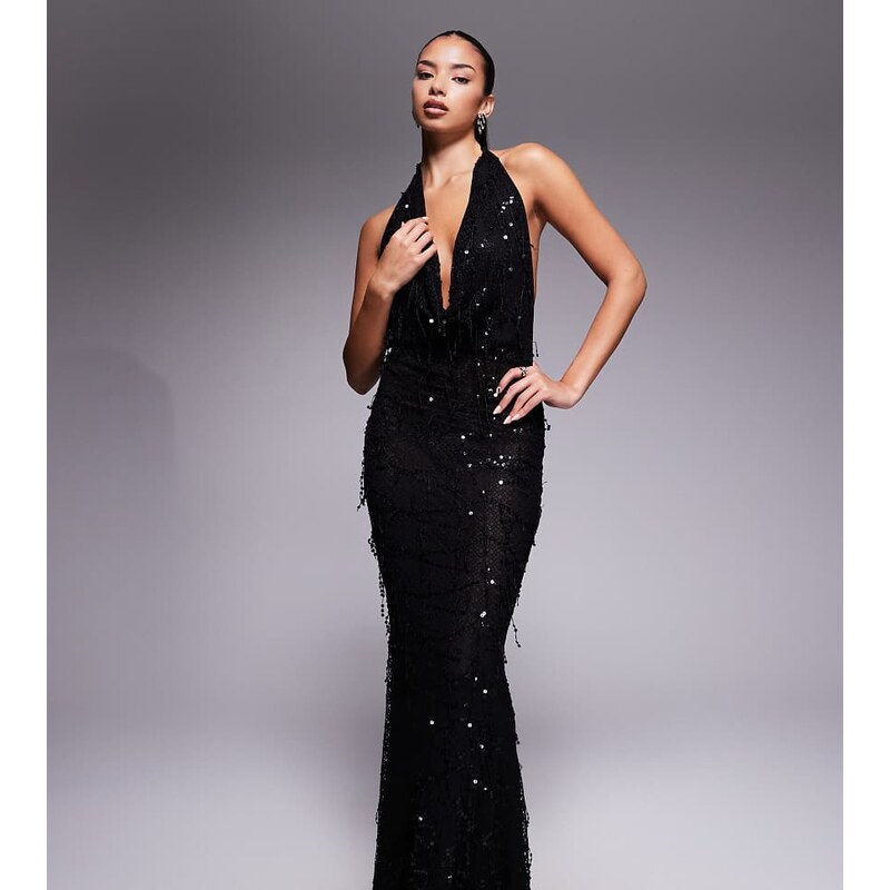 Murci exclusive halterneck plunge cowl neck open back fishtail