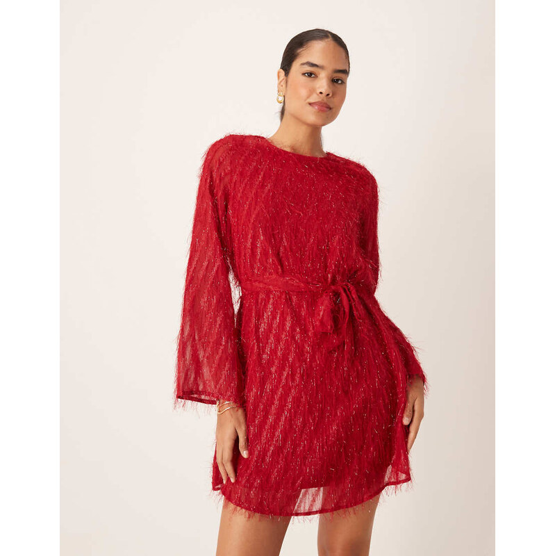 Vila fluffy textured tie waist mini dress in red
