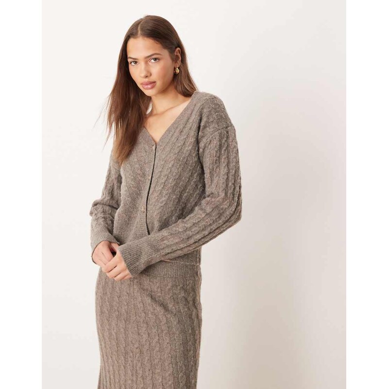 Vila cable knit cardigan co-ord in light brown melange 109646014
