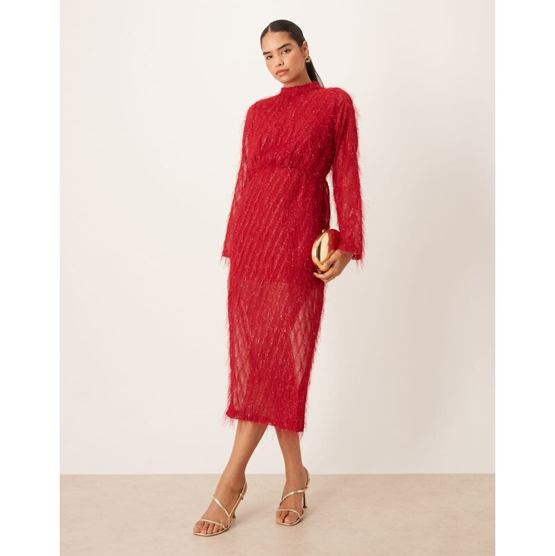Vila fluffy textured tie waist maxi dress in red