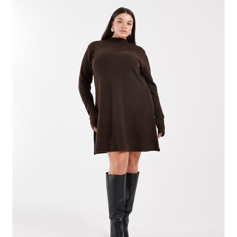 Pieces Plus Pieces Curve long sleeve knitted mini dress in chocolate 109646030