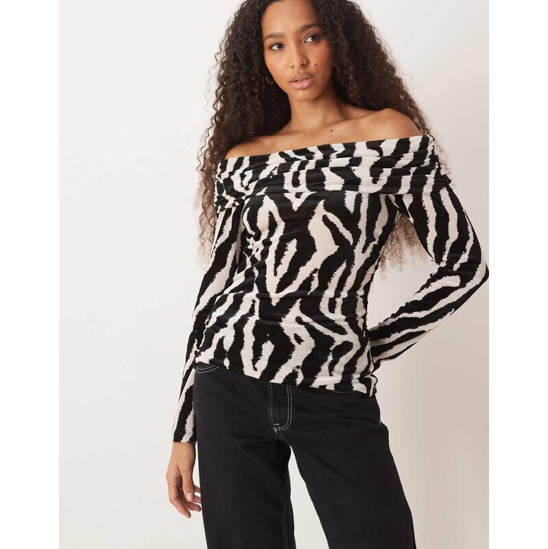Vila long sleeve off shoulder top in flocked zebra print-Black