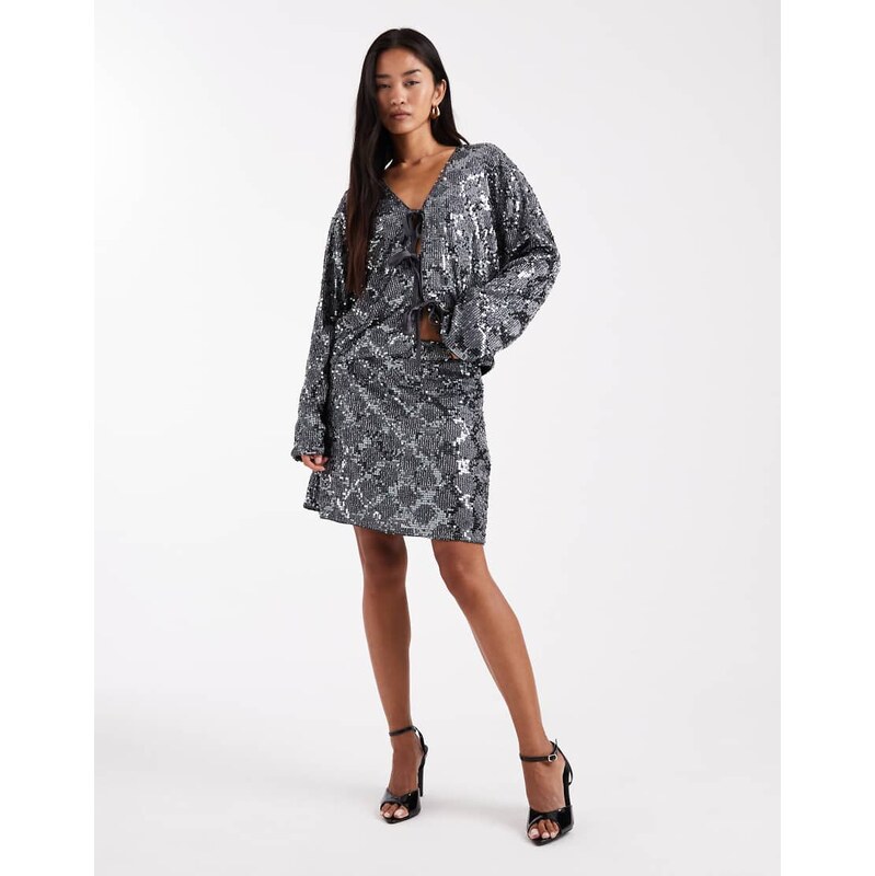 Object contrast sequin mini skirt co-ord in dark silver-Brown 109646360