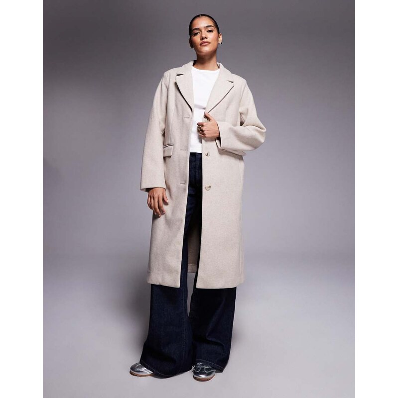 River Island brushed long line coat in light beige-Neutral