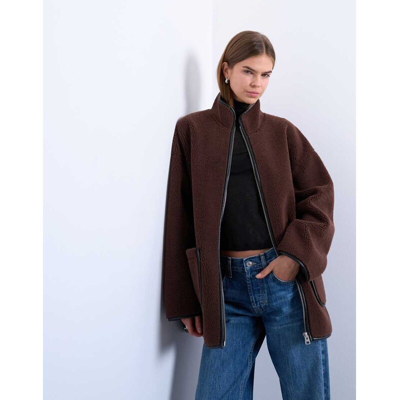 Topshop longline high neck chuck on shearling in chocolate-Brown