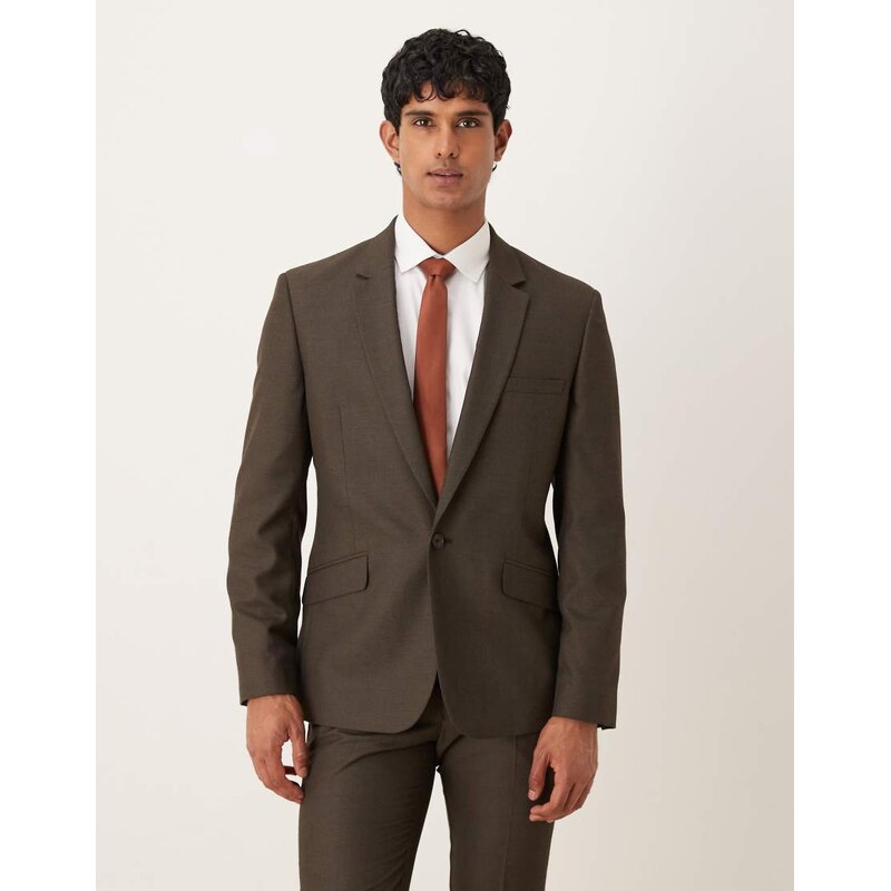 ASOS DESIGN slim suit jacket in brown microtexture-Green