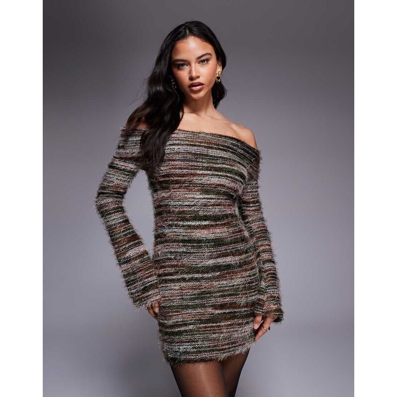 Kiwi & Co Bibi textured knit bardot mini dress in khaki mixed yarn 109645929