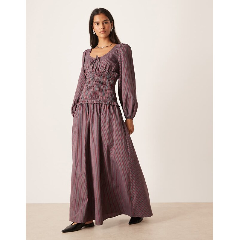 Glamorous round neck drop waist maxi dress with puff sleeve in red 110052028