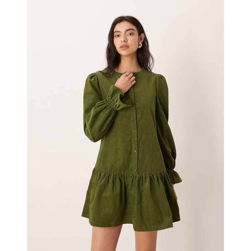Glamorous long sleeve cord smock mini dress in olive green 115533770