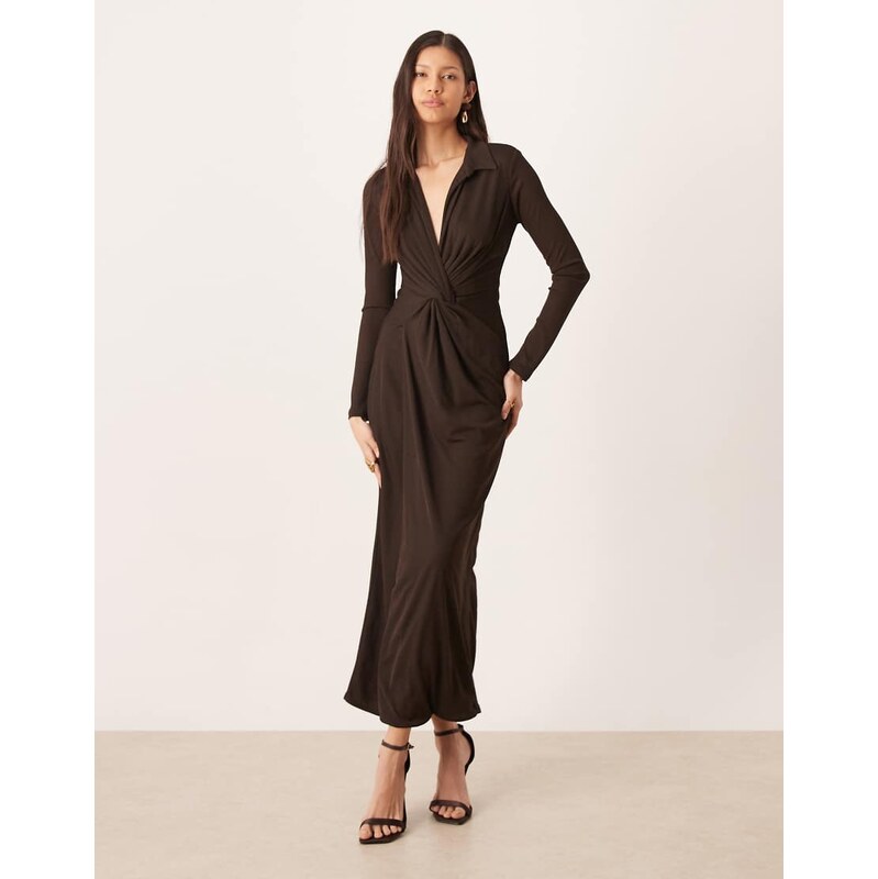 ASOS DESIGN collared twist detail midi dress in chocolate-Brown