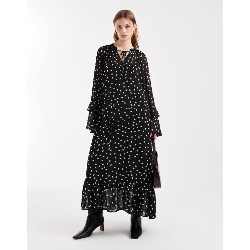 Object boho style ruffle maxi dress in black and white polka dot