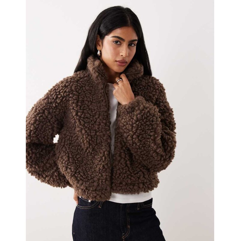 Vila premium short borg jacket in chocolate brown