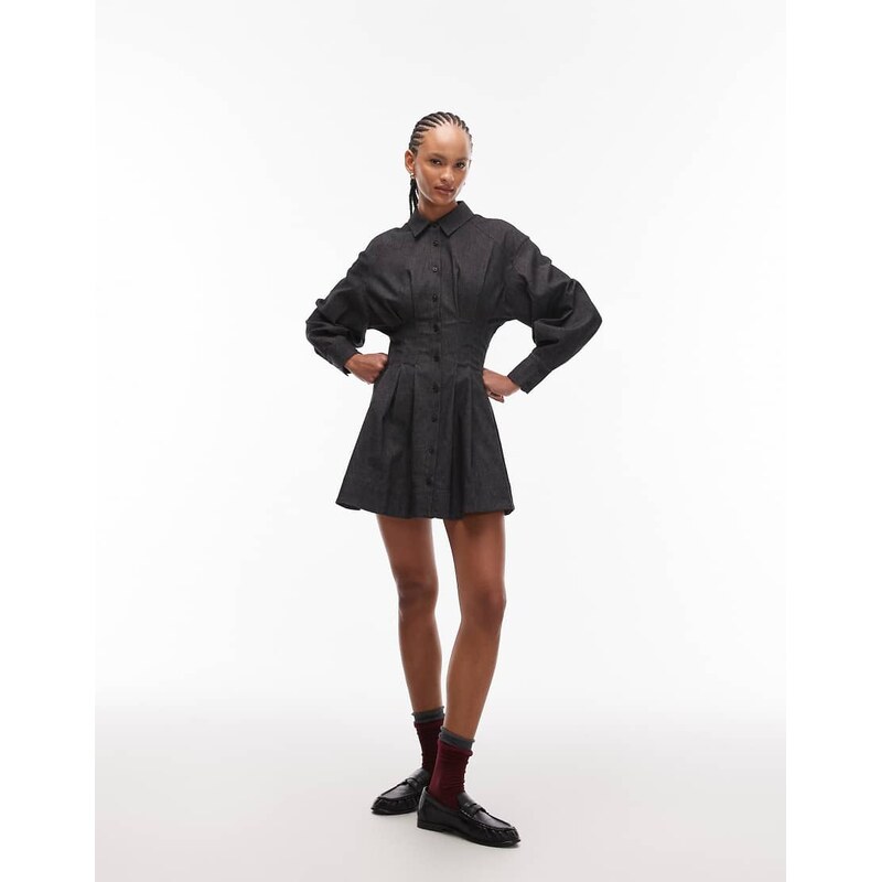 ASOS DESIGN cinched waist balloon sleeve mini shirt dress-Grey