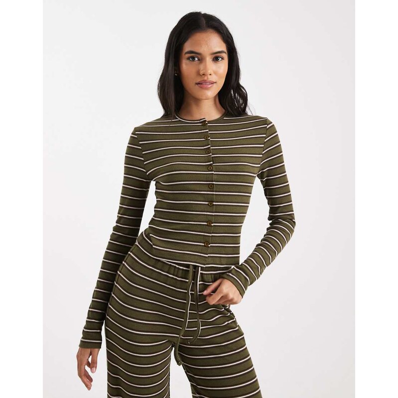 Miss Selfridge striped long sleeve top co-ord in olive-Multi