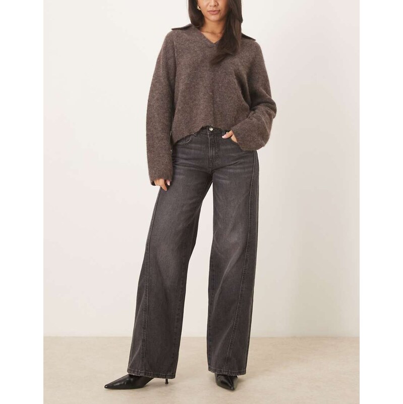 Gina Tricot low waist wide leg front seam jeans in off black