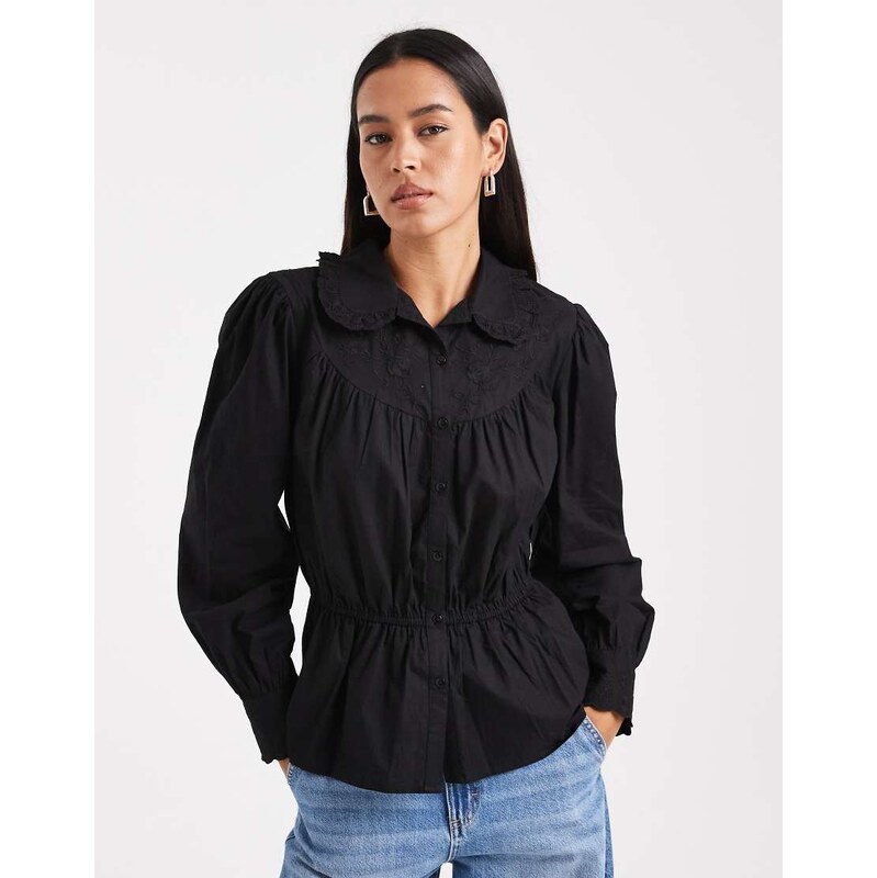 Miss Selfridge poplin embroidered peplum shirt in black 115595059