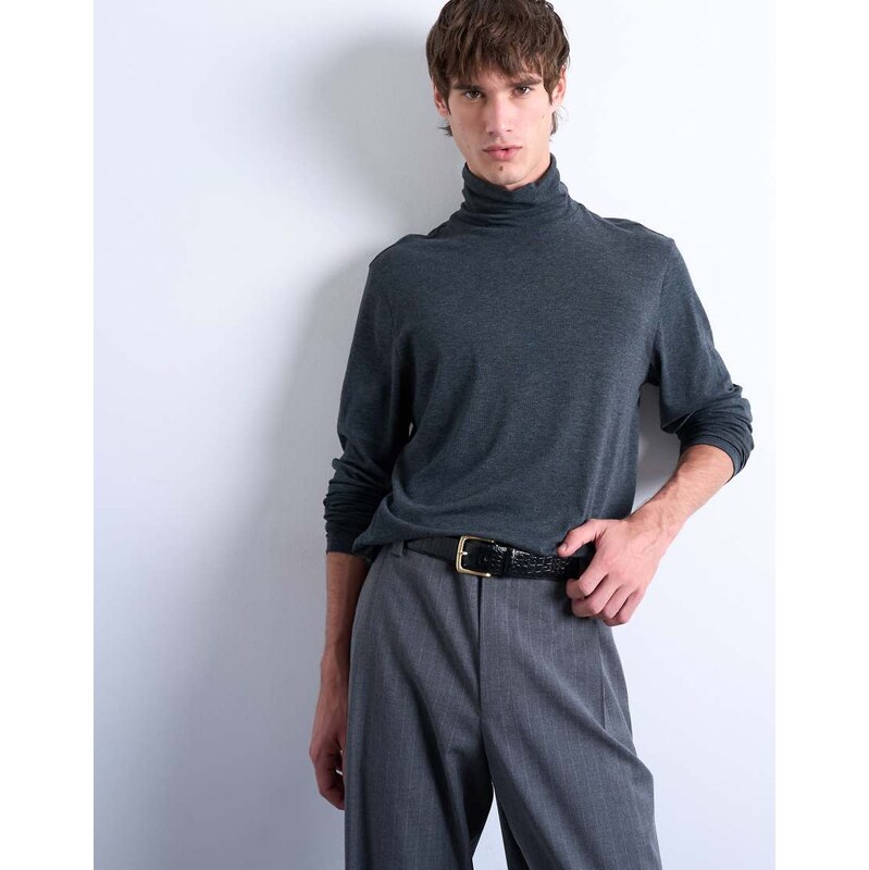 Topman relaxed fit roll neck long sleeve t-shirt in dark grey
