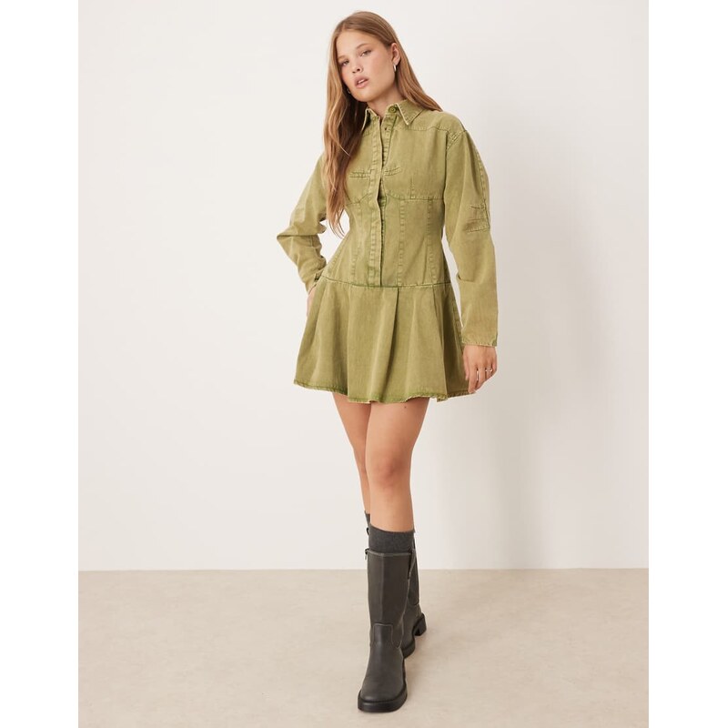 ASOS DESIGN cinched long sleeve mini shirt dress in washed green