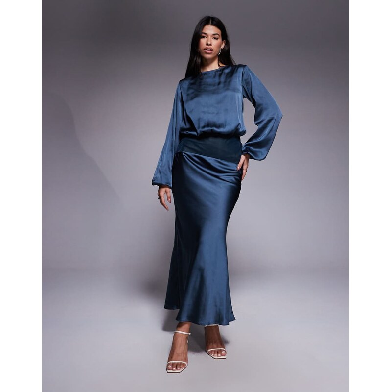ASOS DESIGN satin slash neck velvet panelled maxi dress in Navy