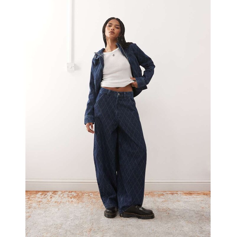 COLLUSION X006 XL balloon argyle print jean in rinse wash-Navy 109652881