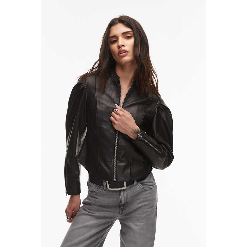 AllSaints Rayna lambs leather biker jacket in black/silver-Multi
