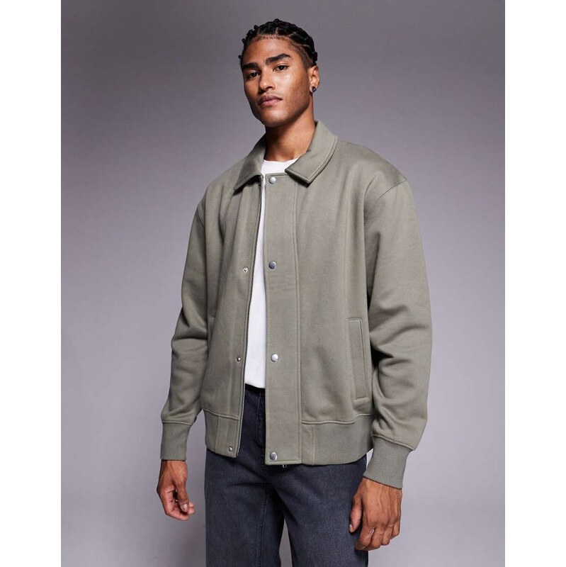 ASOS DESIGN relaxed jersey bomber jacket in khaki-Green