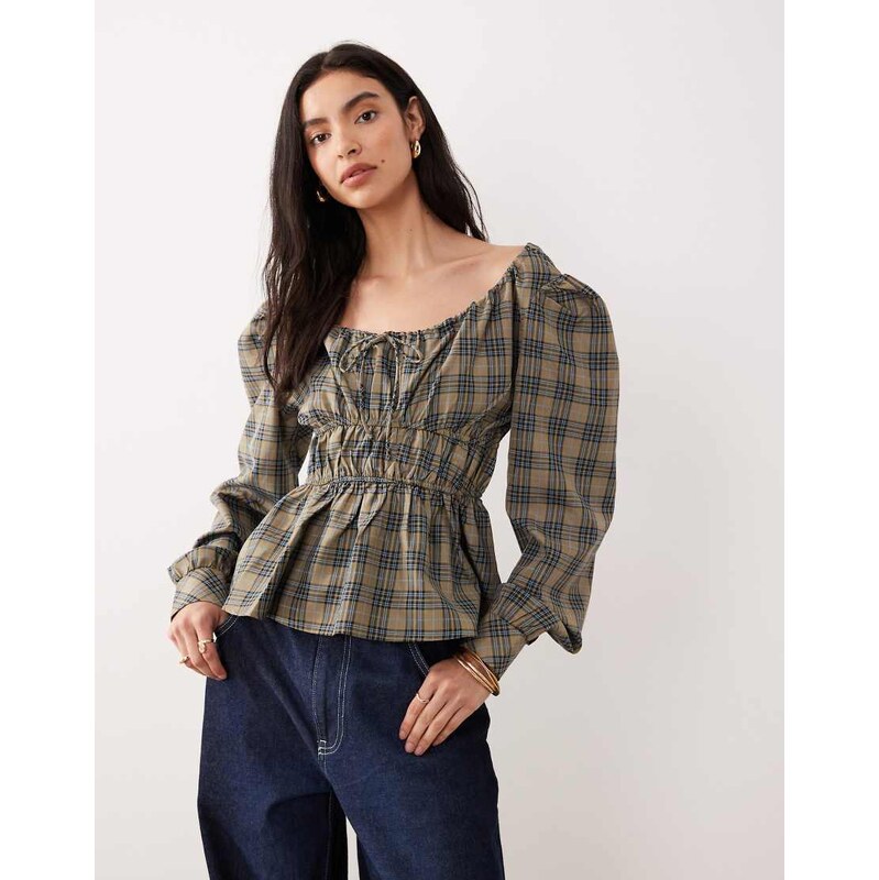 Glamorous shirred peplum top in red navy check-Multi