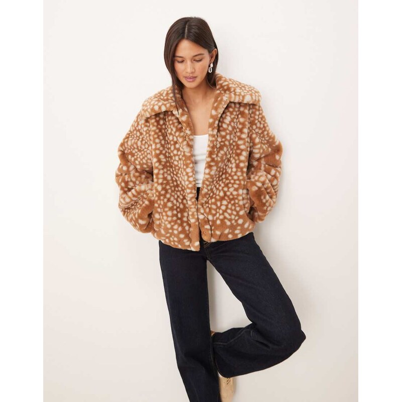 Threadbare faux fur jacket with oversized collar in tan deer print 115513962