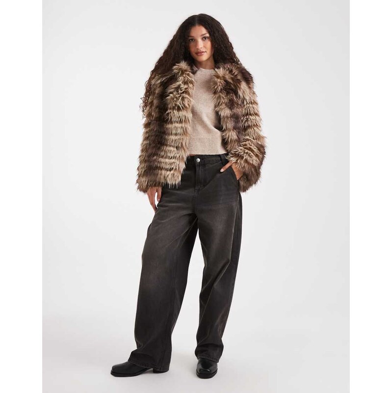 ASOS DESIGN patched stripe short faux fur jacket in brown